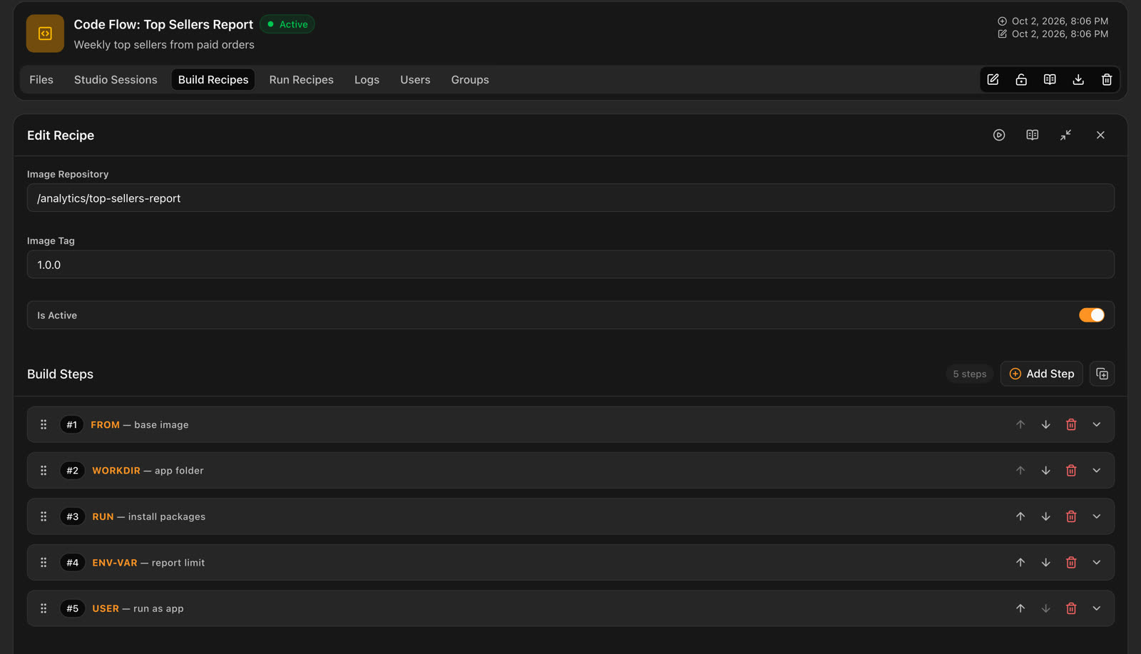 A Build Recipe for the Top Sellers Report Code Flow with five build steps: FROM base image, WORKDIR app folder, RUN install packages, ENV-VAR report limit, USER run as app.